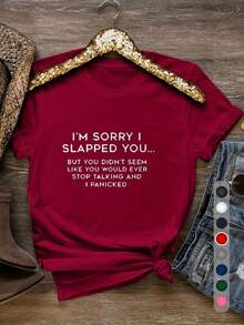BlusasWomen's Funny "I'm Sorry I Slapped You" Sassy Text T-Shirt - 100% Soft Crew Neck Short Sleeve Casual Top With Bold White Print & Humorous Messag - 紅色 - 查看 12