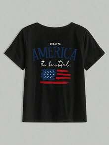 EMERY Camiseta gráfica de mujer con cuello en V con bandera y texto en inglés, para uso casual diario MMJ1 - Negro - Ver 5