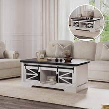 Beaully Lift Top Coffee Table End Table,47.2inch End Table With 2 Sliding Barn Doors Hidden Storage Compartment, Lifting Tabletop, Adjustable Shelf, Rustic Farmhouse Center Table For Dining And Living Spaces - Black and White - View 4