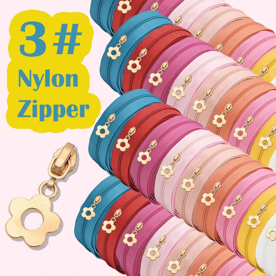 1 Set, (177inch/450cm) Nylon Zipper With 10pcs Flower Zipper Pulls, Suitable For Home Sewing DIY Replacement Zippers, Bags, Home Textiles, Clothing, Shoes And Other Accessories - 3NL+Qjhdp - View 1