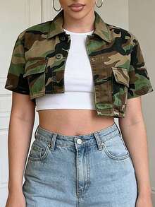 Women's Camo Print Short Sleeve Denim Jacket, Lapel Design, Asymmetric Hem, Buttons And Pockets, Essential For Spring - Khaki - View 4