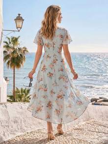EVERPRETTY Vintage Chiffon Ruffle Asymmetric/Asymmetrical Bridesmaid Dress, Suitable For Wedding, Party, Graduation, Anniversary, Birthday, Cocktail, Date, Holiday, Formal Dinner, Wedding Guest, Homecoming, Travel, All Seasons - Blue - View 2