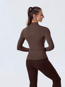 Women's High-Stretch Sculpting BBL Jacket With Thumb Holes Gold Zip Stand Collar Multi-Occasion Activewear Top - Espresso/Vàng - Xem 3