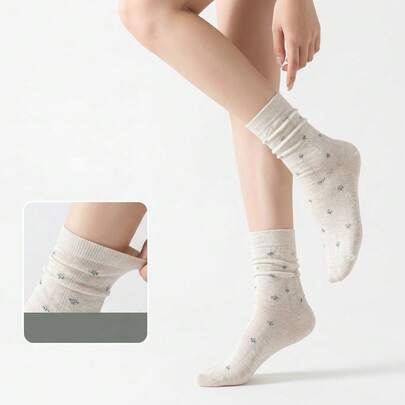 1 Pair Spring/Summer Breathable Comfortable Ditsy Floral Slouch Socks, Elastic Youthful Cute Mid-Calf Socks, Versatile Fashionable Durable Women Socks