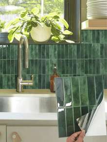 10/30pcs White Brick Pattern Self-Adhesive Tile Stickers, Easy To Peel And Stick Ceramic Tile, Waterproof Wallpaper Suitable For Living Room, Kitchen Backsplash, Bathroom, Zellige Style - Green - View 8