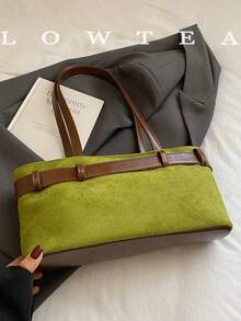 1pc Low Tea Solid Color Suede Fabric Shoulder Bag, Women's Retro Fashion Square Shoulder Bag With Top Double Handles, Zipper Closure, Suitable For Travel, Shopping, Dating, Women's Gift, Great For Commuting, Outdoor, Travel, Hiking , Green - màu xanh lá - Xem 8