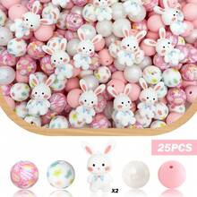 25/32/44颗可爱兔子硅胶珠套装，白色兔子系着领结，配胡萝卜形状的珠子，可DIY制作钥匙扣、项链、手链、首饰吊坠，节日和生日礼物 - 小白兔系列 - 查看 16