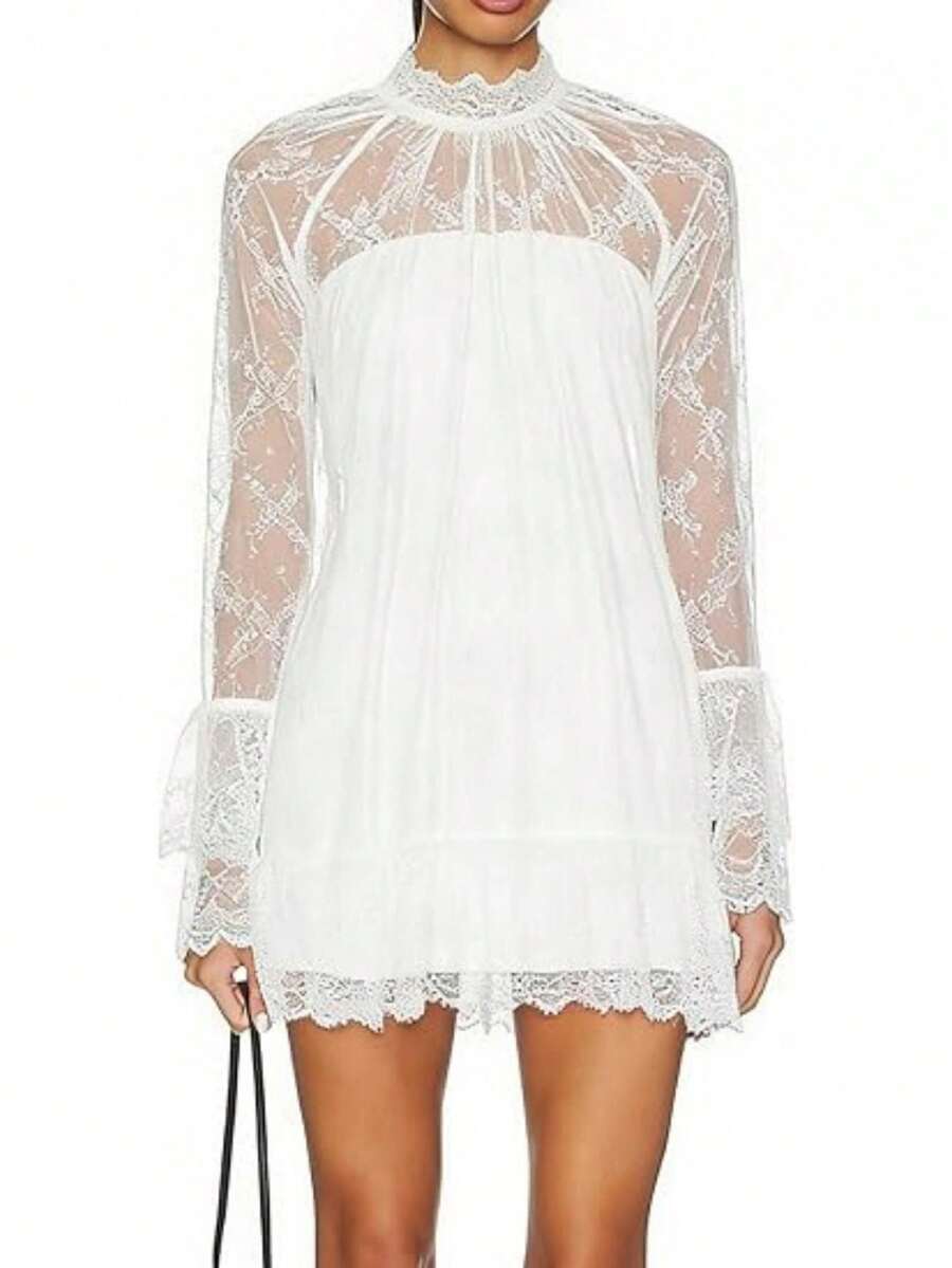 Women See Through Long Sleeve Lace Mini Dress Ruffle Layered Sheer Lace Short Dresses Sexy Going Out Cover Up Dresses(No Lining) - White - View 1