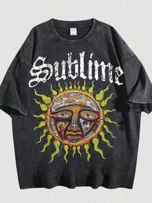 Unisex Sublime Band Sun Face Skull Print Graphic T-Shirt, Vintage Washed 100% Cotton Oversized Crew Neck Short Sleeve Tee, Retro 90s Rock Band Loo - 黑色 01 - 查看 7