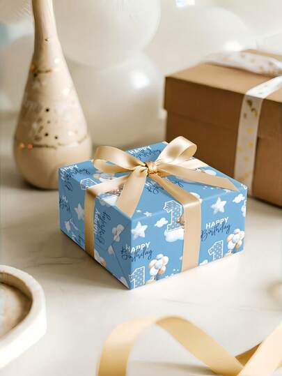 1 Cuộn Giấy Gói Quà Sinh Nhật | Nền Xanh Dương với Họa tiết Gấu, Sao và Số - Lý tưởng để gói quà sinh nhật lần thứ nhất, trang trí tiệc sinh nhật, trang trí sinh nhật theo chủ đề cổ điển và làm phông nền cho bàn tráng miệng - 43 cm * 300 cm (17 inch * 9,84 ft)