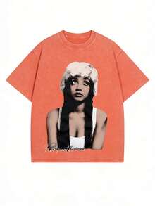 Black Vintage Washed Cotton Tee For Women 18-50 Pinkpantheress Signature Graphic Print Indie Pop Streetwear Loose Fit Top - 珊瑚橙 - 查看 1