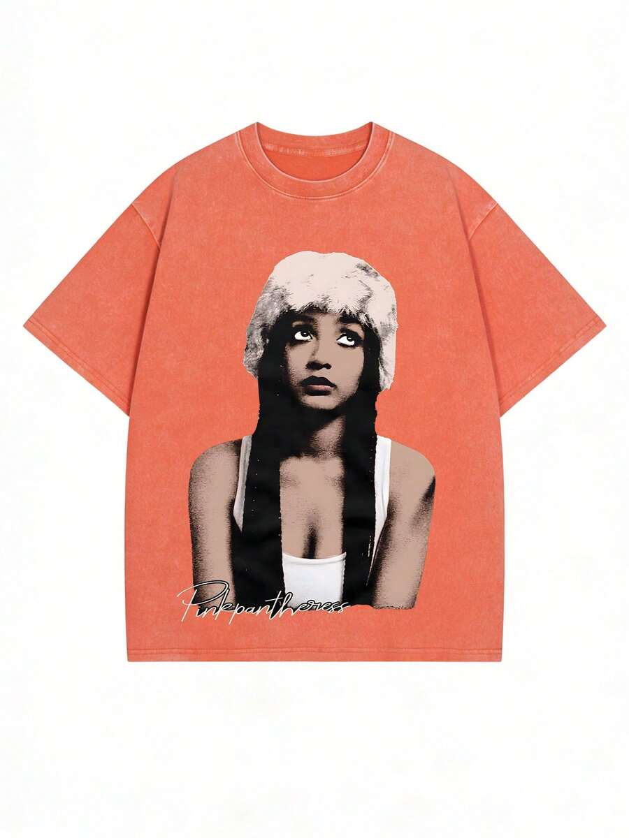 Black Vintage Washed Cotton Tee For Women 18-50 Pinkpantheress Signature Graphic Print Indie Pop Streetwear Loose Fit Top - 珊瑚橙 - 查看 1