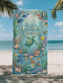 1条海洋生物海龟珊瑚图案沙滩巾，超柔软超细纤维特大号沙滩毯，高吸水性浴巾，适合旅行、游泳池、潜水、冲浪、瑜伽、露营等场合，多种尺寸可选，沙滩配件 - 彩色 - 查看 2