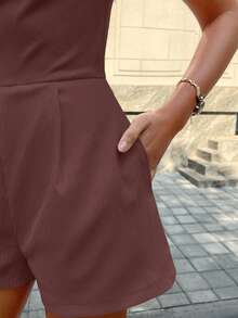Solid Color One-Shoulder Casual Jumpsuit With Pockets Brown - Brown - View 10
