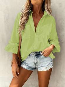 Casual Minimalist Charming Fashion 3/4 Sleeve Button Collar Shirt, Minimalist 3/4 Sleeve Ruffle Cuff Blouse, Women - Fruit Green - View 3