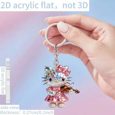 SANRIO 【2D平面】1个全新亚克力Hello Kitty拉小提琴图案钥匙扣，男女通用，钥匙圈，节日礼物装饰钥匙吊坠，汽车钥匙扣，复活节礼物，也适合作为圣诞节、感恩节、母亲节、父亲节礼物，可用于车辆、包包、汽车、圣诞树装饰，趣味钥匙扣设计 | 耐用亚克力2D平面家居装饰包包吊坠