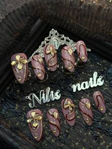 10pcs Almond Nail Acrylic Kit, Pink Nails, Hand Drawn Gold Shimmer&Red Lines, 3D Gold Irregular Diamonds Pieced Together Into Flower Shapes&Gold Round Small Diamonds And Other Nail Accessories, Gentle And Luxurious Style, Vintage French Style, Y2K Style Nail Art Set,Suitable For Women And Girls For Parties&Party&Ceremonies And Daily Use(Includes:A Piece Of Jelly Glue And A Friction Strip) Nail Supplies - Pink - View 3
