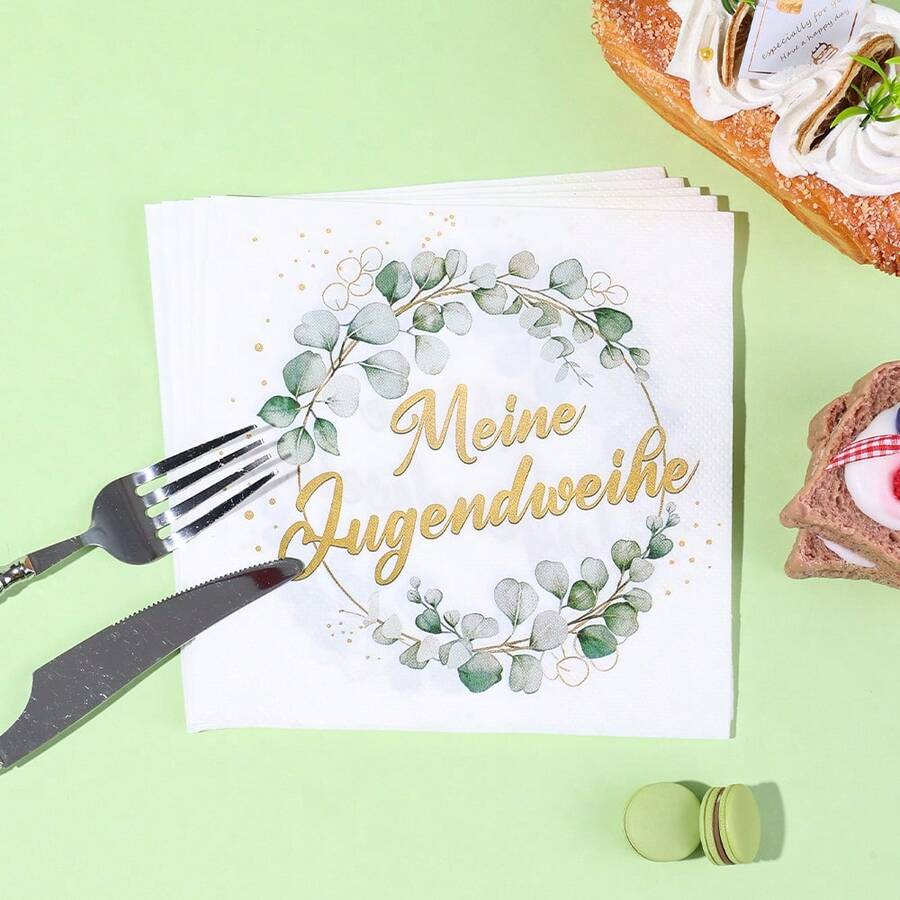 20 piezas/40 piezas/60 piezas Servilletas para mi celebración de mayoría de edad - Servilletas de papel de 2 capas con estampado de corona de eucalipto dorada para la celebración de mayoría de edad alemana, estilo verde y dorado, adecuadas para ritos de paso, reuniones familiares, fiestas, celebraciones de primavera/verano, tamaño 13*13 pulgadas - Ver 1