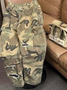 Fashion brand 2026 spring street washed camouflage trousers patch straight overalls men's and women's casual trousers fashion - color camuflaje - Ver 4