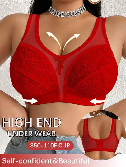 Plus Size Women Non-Wired Bra, Breathable Non-Slip Lace Patchwork Lift Up Adjustable Strap Seamless Everyday Wear