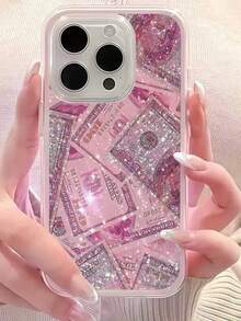 Money 1pc Pink Banknote Personalized Painted Pattern 2-In-1 Frame Transparent Full Coverage Thick Anti-Drop Fashionable Phone Protective Case Compatible With Iphone17 16 15 14 13 12 11promax/Plus, Exquisite Gift - Pink - View 4
