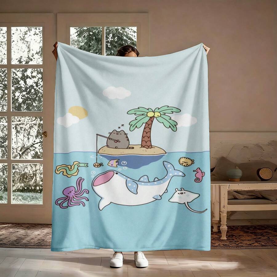 1pc Pusheens Cartoon Cat Plush Flannel Blanket - Soft All-Season Throw With Playful Cat & Heart Print, Multi-Use For Sofa, Bed, Office, Outdoor - Machine Washable, Perfect Gift For Friends & Family, Cute Blanket, Cozy Home-280gsm - multicolour 15 - 查看 1