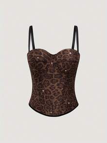 Atasan Tank Pendek Camisole Motif Leopard Gaya Jalanan Eropa untuk Pesta Liburan, Bra Elastis Push-Up Pembentuk Tulang Ikan Seksi - Coffee Brown - View 3
