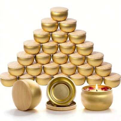 Bộ hộp thiếc tròn màu vàng dùng làm nến (38/42/54 món) - Bộ sản phẩm bao gồm bấc nến, nhãn dán và giá đỡ bấc, kèm nắp vân gỗ. Những hộp đựng mini đa năng này cũng có thể dùng làm hộp đựng nến tuyệt vời, hoàn hảo cho quà tặng tiệc tùng và trang trí nhà cửa. Một lựa chọn lý tưởng cho những người đam mê tự làm và yêu thích trang trí nhà cửa!