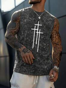 Men's Retro Minimalist Cross Print Washed Tank Top, Comfortable & Breathable, Suitable For Summer, Leading Fashion - Dark Grey - View 3