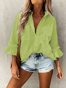 Casual Minimalist Charming Fashion 3/4 Sleeve Button Collar Shirt, Minimalist 3/4 Sleeve Ruffle Cuff Blouse, Women - Fruit Green - View 4