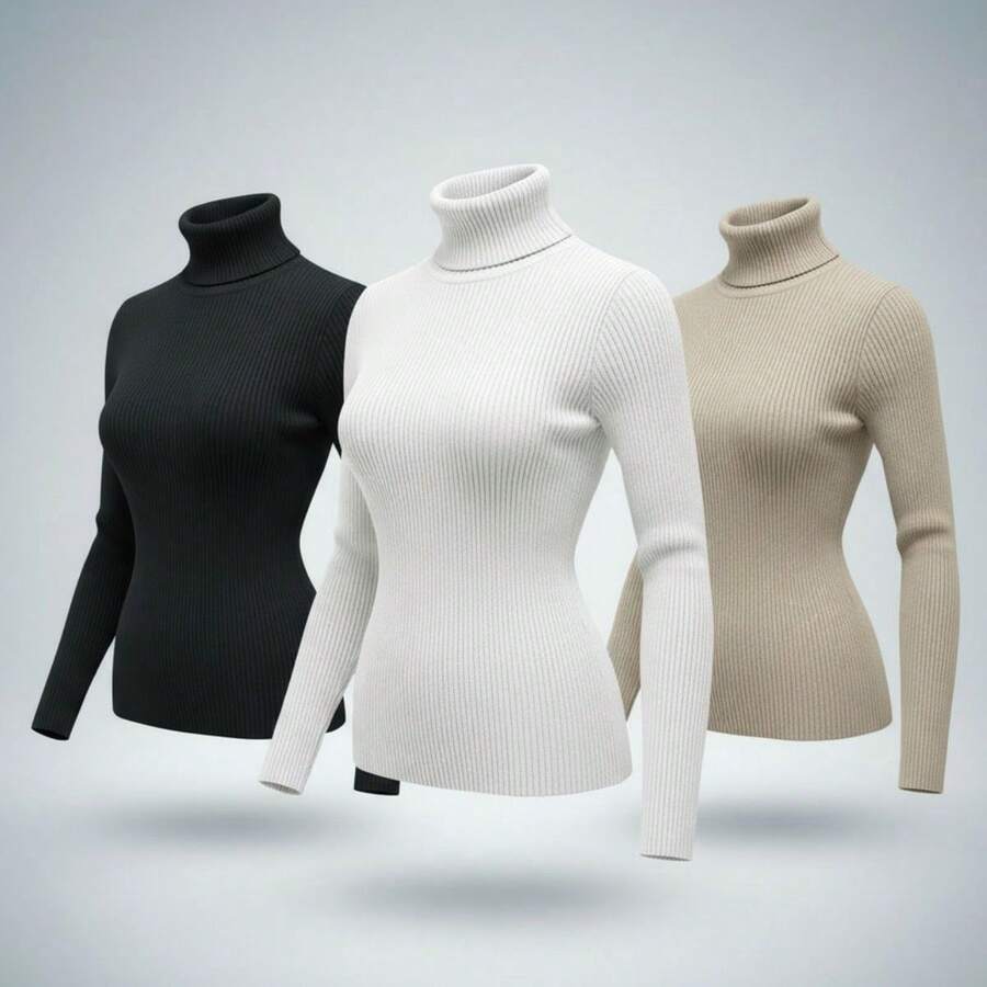 Women's Turtleneck Ribbed Knit Blouse, 3-Piece Set, High Neck, Cold Weather - 黑色 - 白色 - 米色 - 查看 1