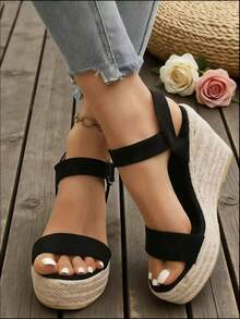 女士夏季新款舒适时尚百搭凉鞋，踝带凉鞋，海滩度假风，适合长时间穿着，尽显优雅气质，坡跟凉鞋，多功能厚底坡跟凉鞋，增高显瘦 - 黑色 - 查看 5