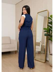 Women's Tailored Set: Vest And Wide-Leg Pants. Elegant, Casual, Chic, Modern, Conservative/Modest. Party/Fabric. Buttons Down The Front. Gathered Waist. Women's Formal Set. Office/Baby Shower/Formal And Evening. Holidays/Home/Summer, Spring And Autumn. - 藏蓝色 - 查看 3