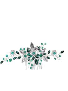 Bridal Flower Hair Comb Accessories, European Style Silver Leaf Hair Clip Headpiece - Green Hair Comb - View 5