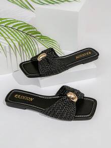 Sandal nữ 2026 khóa kim loại đa năng, sandal xỏ ngón thắt nơ dệt, thích hợp cho bãi biển, kỳ nghỉ, dạo phố, dự tiệc và thời trang. - màu đen - Xem 2