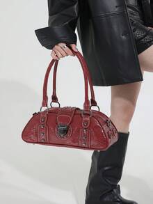 1pc Fashion Snake Skin Black Shoulder Bag, Stylish PU Material Boston Bag, Retro Motorcycle Bag Suitable For Shopping And Sports Use - Multicolor - View 4