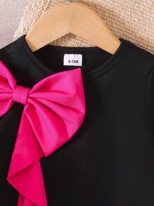 1 pieza Vestido de verano de línea A con cuello redondo, manga corta y lazo 3D elegante y minimalista para niñas bebé - Negro - Ver 3