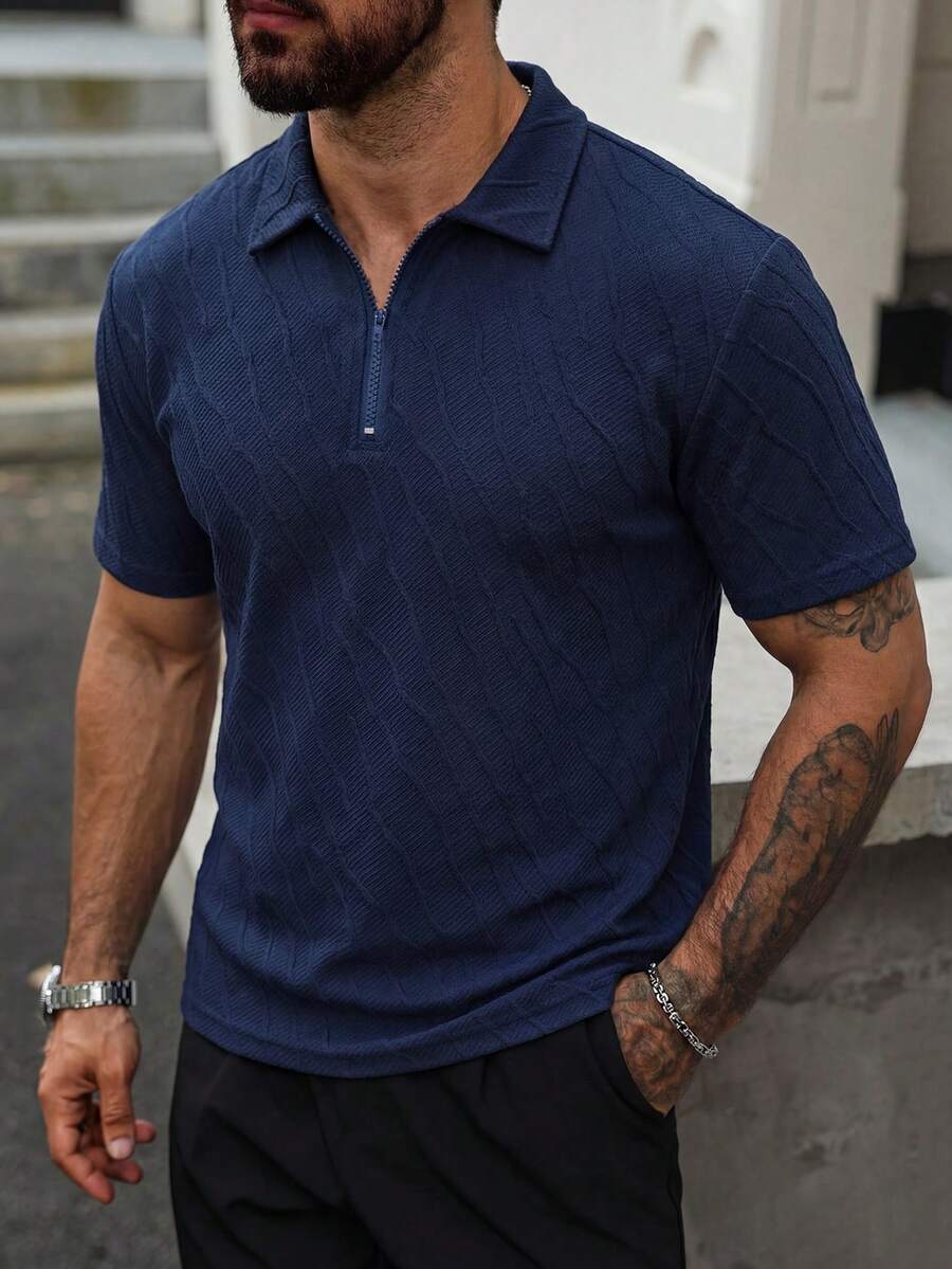 Men's Fashionable Solid Color Versatile Polo Collar Half-Zip Short Sleeve T-Shirt - Navy Blue - View 1