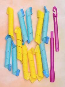 Bộ 12 dụng cụ uốn tóc không dùng nhiệt, tạo kiểu tóc xoắn ốc, kèm 1 bộ móc tạo kiểu, dành cho nữ và bé gái, màu vàng và xanh dương. - Nhiều màu - Xem 6