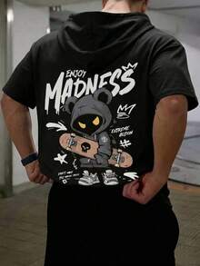 夏季印花短袖连帽T恤男士套装，轻薄宽松连帽T恤，街头风MADNESS字母涂鸦休闲装 - 黑色 - 查看 3