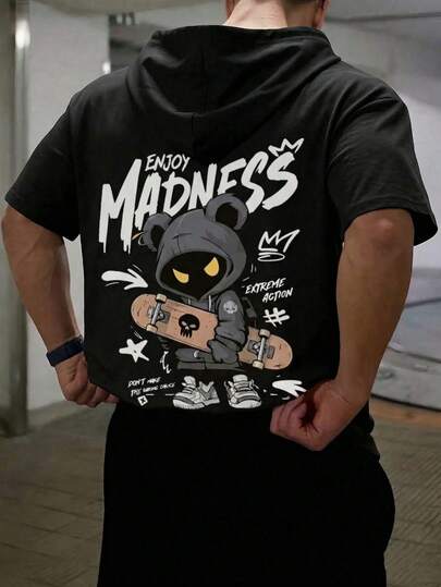 Summer Street Style MADNESS Graffiti Letter Print Short Sleeve Hooded T-Shirt, Lightweight Loose Fit Short Sleeve Top T-Shirt