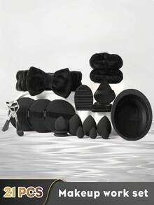 46件套高级全套彩妆工具，含25支化妆刷、睫毛夹、海绵、粉扑、刷具清洁器、发带和腕带 - 豪华美妆礼盒 - 黑色 - 查看 15