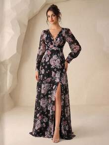 SUPGIR [Họa tiết hoa cắt ngẫu nhiên] Đầm maxi thanh lịch bằng vải chiffon in kỹ thuật số, cổ chữ V, tay phồng, xếp ly eo. - Nhiều màu - Xem 3