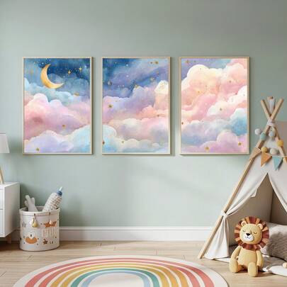 Bộ tranh nghệ thuật treo tường 2 mảnh, chủ đề Mặt Trăng và Sao, tranh mây màu xanh nhạt, trang trí phòng trẻ em bầu trời đầy sao, ba tranh không khung, điểm xuyết sao vàng, trang trí tường phòng trẻ em, trang trí nhà cửa, thẩm mỹ trang trí phòng, có khung + không khung, trang trí phòng, vật dụng trang trí phòng, phòng trẻ sơ sinh/phòng khách/phòng ngủ/văn phòng/trang trí