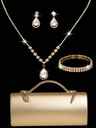 Bộ trang sức đính đá lấp lánh gồm dây chuyền, bông tai và vòng tay, kèm túi xách PU màu vàng kim thiết kế hình rắn cá tính, thích hợp cho tiệc tùng, đám cưới lãng mạn, mùa xuân/hè, túi cô dâu, túi dự tiệc trang trọng, túi dạ hội thanh lịch, hoàn hảo cho tiệc cưới, dạ hội và tiệc tối.