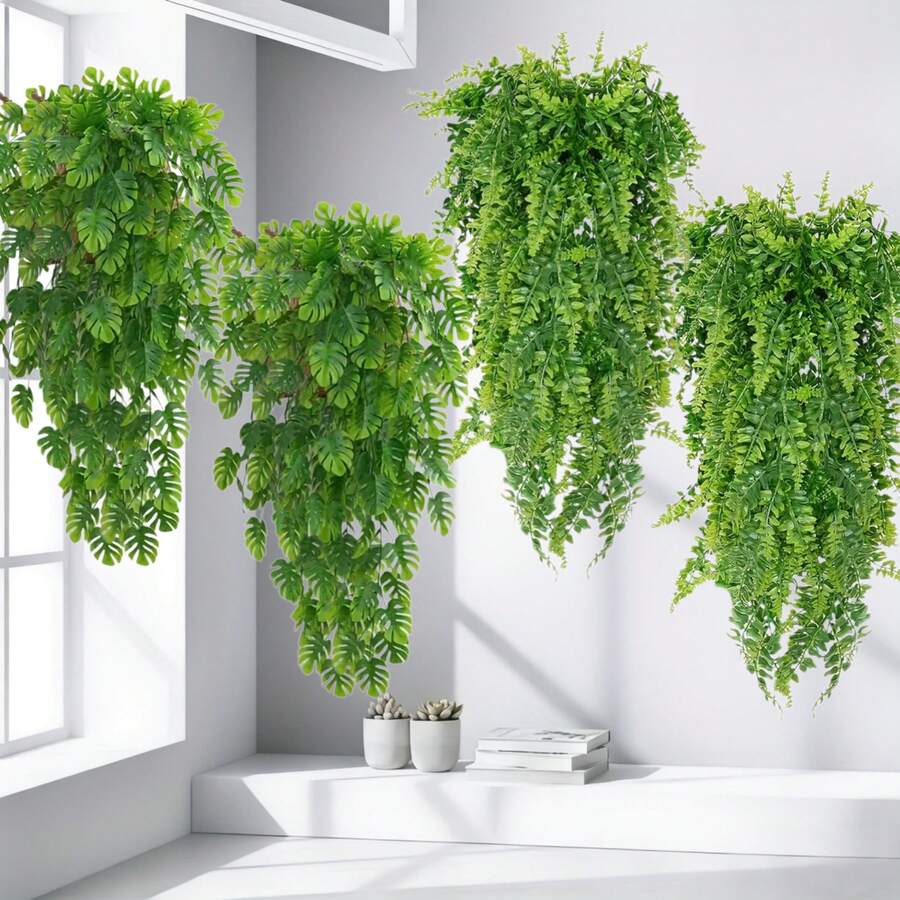 Doraeyun 1/4件裝混色人造吊掛植物，耐陽光、耐雨水、耐褪色、免維護，自然下垂葉片，適用於陽台、花園、牆面裝飾與節日裝飾，四季通用