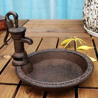1pc Vintage Iron Water Pump Bird Bath, 1pc Round Cast Iron Bird Feeder, Outdoor Garden Balcony Decor Bird Bath, Desktop Storage Tray Candle Holder, Christmas Birthday Gift For Bird Lovers, No Power Needed, No Battery Included, Iron Material