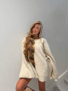 Senya 2026 Women's Loose Silhouette Chenille Knit Sweater, Beige Round Neck Long Sleeve Oversized Pullover, Comfortable Minimalist Casual Autumn/Winter Knit Dress - Apricot - View 8