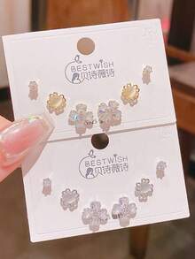 2026新款三对装四叶草花朵设计耳环，小众优雅奢华闪亮耳环六件套，四叶草花朵耳钉 - 四葉草套裝 - 查看 3