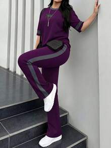 2pcs Women's Spring/Autumn Round Neck Short Sleeve T-Shirt And Elastic Waist Loose Pants Set, Casual Daily Wear Summer - Dark Purple 64 - View 3
